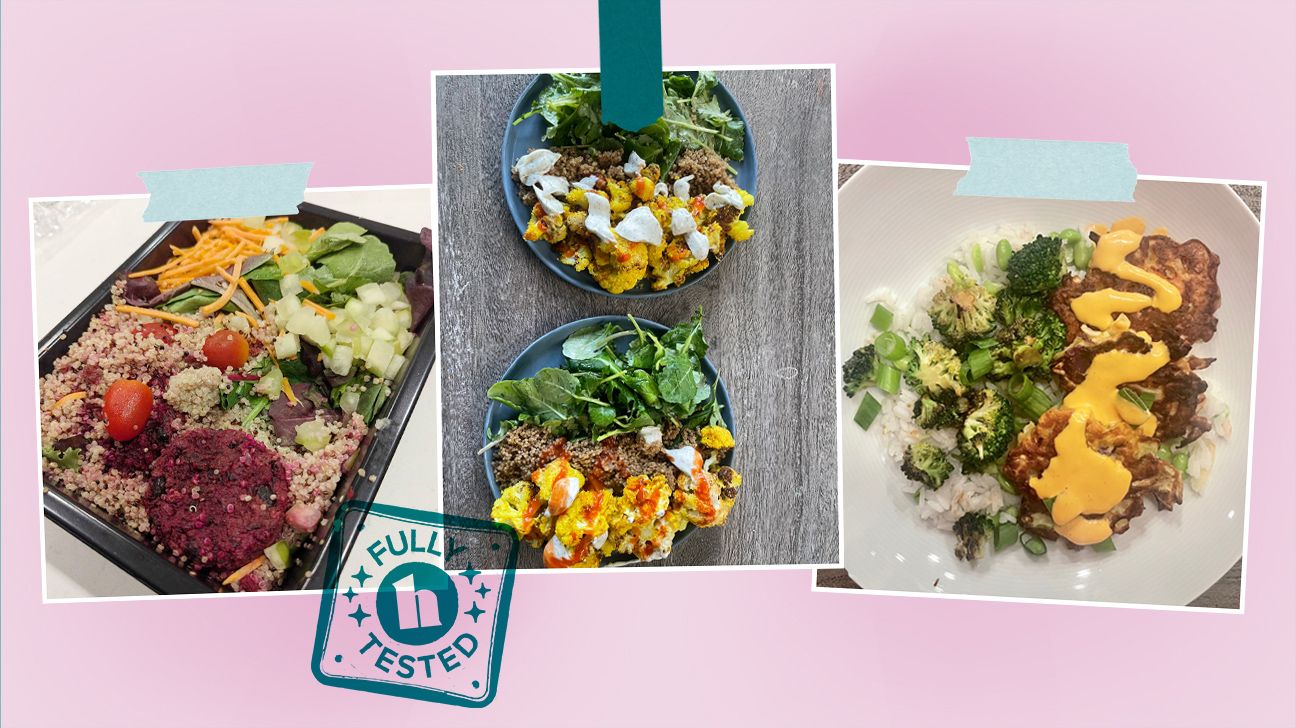 Best Vegan and Plant-Based Meal Delivery shown by tester photos of purple carrot, sprinly, and green chef meals, isolated over pink background.